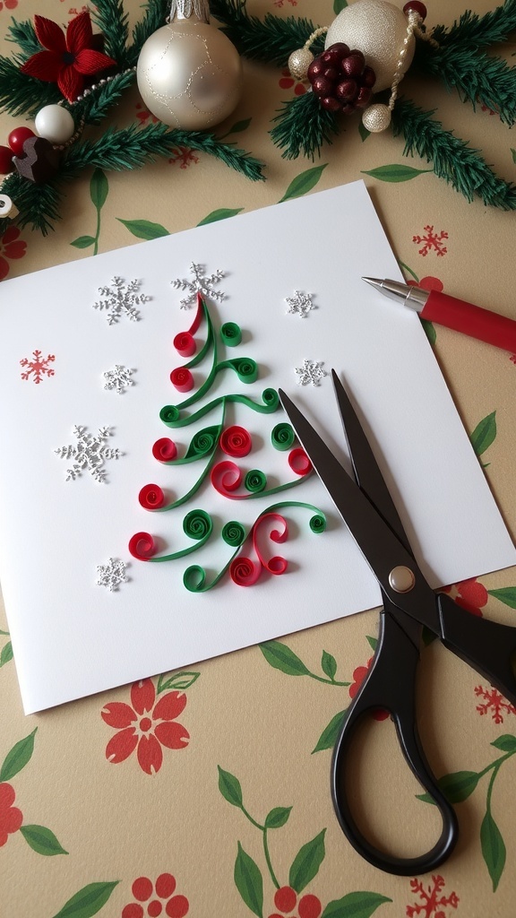 Handmade Christmas card with quilled Christmas tree and snowflakes on a festive background.